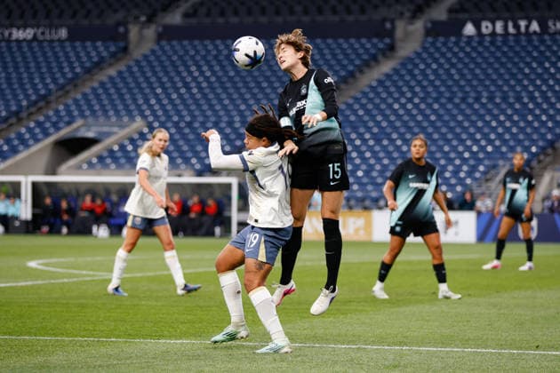 SEATTLE, WA - MAY 15: Defender Tierna Davidson 15 of Gotham FC is guarded by forward Mia Fishel 19 of the Seattle Reign during a game between Gotham FC and the Seattle Reign on May 15, 2026 at Lumen Field in Seattle, Washington. (Photo by Henry Rodenburg Icon Sportswire) SOCCER: MAY 15 NWSL Seattle Reign FC vs Gotham FC EDITORIAL USE ONLY Icon26051504