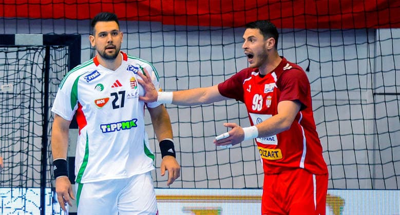 RECORD DATE NOT STATED 14.05.2026 Nis Nish Serbia Srbija-Hungary Magyarorszag World Championship, WM, Weltmeisterschaft qualification 2027 men s handball rukomet kezilabda Bence Banhidi(L) Hungary,Mijajlo Marsenic(R) Serbia :S.Sandic