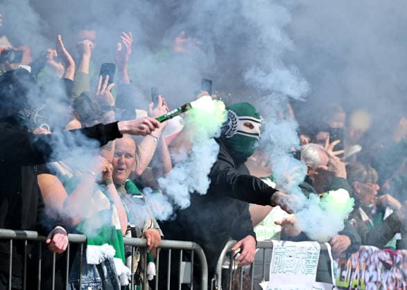 Celtic fans at Celtic Park Celtic v Heart of Midlothian, William Hill Scottish Premiership, Football, Celtic Park, Glasgow, Scotland, UK - 16 May 2026Glasgow Celtic Park United Kingdom EDITORIAL USE ONLY No use with unauthorised audio, video, data, fixture lists, club league logos or live services. Online in-match use limited to 120 images, no video emulation. No use in betting, games or single club league player publications. Copyright: xMarkxRunnacles Shutterstockx 16876830aq