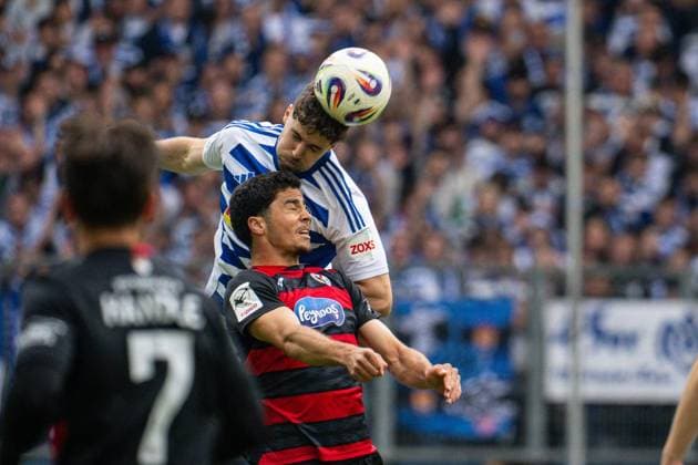 3.Liga MSV Duisburg - Viktoria Köln ** NUR FÜR REDAKTIONELLE ZWECKE ** EDITORIAL USE ONLY **<p>Fußball 3.Liga MSV Duisburg - Viktoria Köln am 16.05.26 in der Schauinsland-Reisen Arena in Duisburg Tobias Fleckstein( Duisburg ),links - Jakob Sachse ( Viktoria Köln ),rechts Duisburg Copyright: JakobxKlos