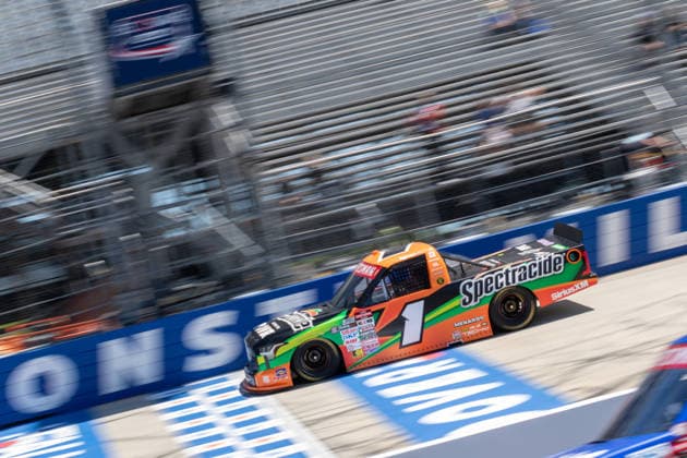 DOVER, DE - MAY 15: Brandon Jones ( 1 TRICON Garage Spectracide Toyota) races down the front stretch during the NASCAR, Motorsport, USA CRAFTSMAN Truck Series ECOSAVE 200 on May 15, 2026, at Dover Motor Speedway in Dover, DE. (Photo by David Hahn Icon Sportswire) AUTO: MAY 15 NASCAR CRAFTSMAN Truck Series ECOSAVE 200 EDITORIAL USE ONLY Icon260515037