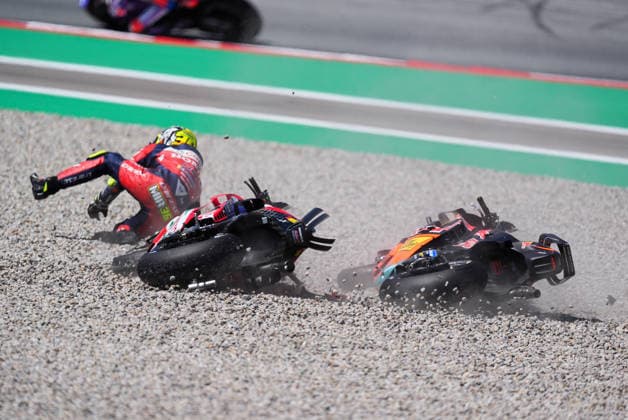 May 16, 2026, Barcelona, Barcelona, Spain: MONTMELO, SPAIN - MAY 16: Brad Binder 33 of Red Bull KTM Factory Racing and Joan Mir 36 of Honda HRC Castrol crashes during the MotoGP Tissot Sprint at the MotoGP Grand Prix of Catalunya at Circuit de Barcelona-Catalunya on May 16, 2026 in Montmelo, Spain. Barcelona Spain - ZUMAs316 20260516_znp_s316_070 Copyright: xMartixSeguraxRamonedax