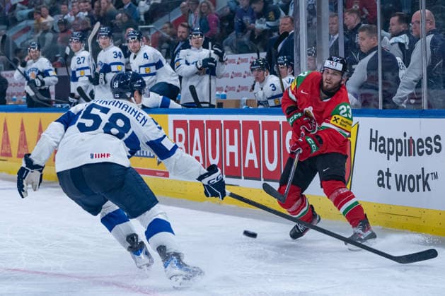 ZURICH, SWITZERLAND - MAY 16: Urho Vaakanainen (Finland, 58) in a duel against Zeteny Hadobas (Hungary, 23) during the Preliminary Round - Group A Match 7 between Hungary and Finland at the IIHF Ice hockey, Eishockey World Championship, WM, Weltmeisterschaft 2026, Swiss Life Arena on May 16, 2026 in Zurich, Switzerland. Zurich Switzerland Copyright: xTimoxSteinx