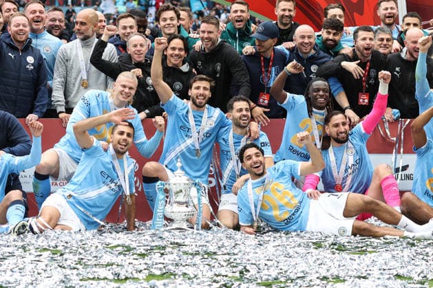 FA Cup Final 2026 16 May 2026, London - Emirates FA Cup Final - Chelsea v Manchester City - Man City manager Pep Guardiola, Erling Haaland, Rodri, Ruben Dias, Bernardo Silva, Savinho, Jeremy Doku and goalkeeper Gianluigi Donnarumma - Photo: Charlotte Wilson Offside. London UK Copyright: xCharlottexWilsonx xOffsidexOffside