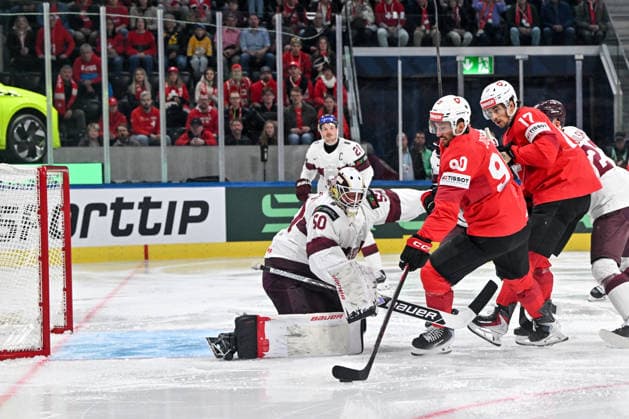 ZURICH, SWITZERLAND - MAY 16: Roman Josi of Switzerland tries to score against goalkeeper Kristers Gudlevskis of Latvia during the 2026 IIHF Ice hockey, Eishockey World Championship, WM, Weltmeisterschaft Switzerland game between Switzerland and Latvia at Swiss Life Arena on May 16, 2026 in Zurich, Zurich. Zurich Swiss Life Arena Zurich Switzerland Copyright: xJustPictures.ch AndreaxBrancax jp-en-EuSpIm-JP7_ANB_Sui_Lat_16052026_4559