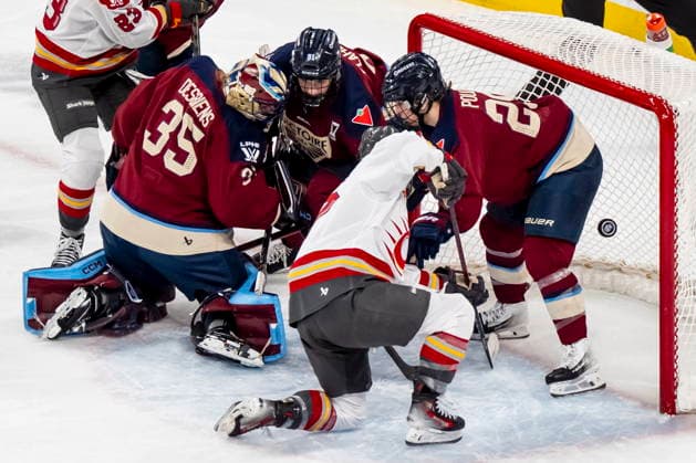 May 16, 2026, Laval, Pq, Canada: Ottawa Charge s Gabbie Hughes (17) scores on Montreal Victoire goaltender Ann-Renee Desbiens (35) while teammates Marie-Philip Poulin (29) and Maggie Flaherty (91) defend, during first period PWHL playoff hockey action in Laval, Que., on Saturday, May 16, 2026. Canada News - May 16, 2026 - ZUMAc35_ 20260516_zaf_c35_004 Copyright: xChristopherxKatsarovx