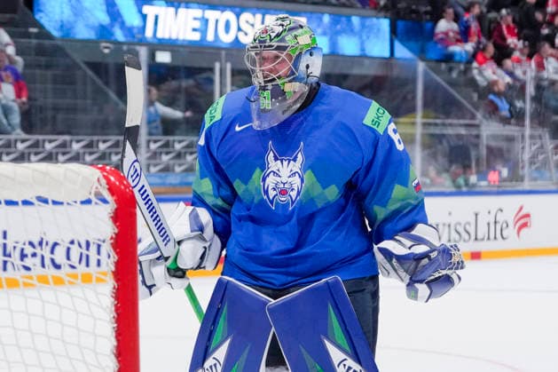FRIBOURG, SWITZERLAND - MAY 16: goalkeeper Lukas Horak of Slovenia celebrates victory during the 2026 IIHF Ice hockey, Eishockey World Championship, WM, Weltmeisterschaft Switzerland game between Slovenia and Czechia at BCF Arena on May 16, 2026 in Fribourg, Fribourg. Fribourg BCF Arena Fribourg Switzerland Copyright: xJustPictures.ch JarixPestelaccix jp-en-EuSpIm-JP6_JAR_Slovenia_Czechia_16May2026_00083