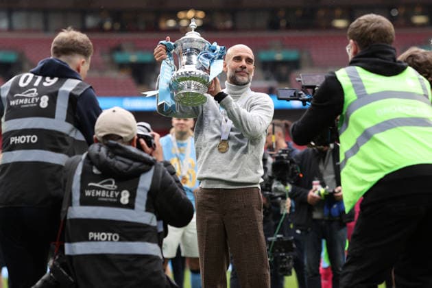 FA Cup Final 2026 16 May 2026, London - Emirates FA Cup Final - Chelsea v Manchester City - Manchester City manager Pep Guardiola with the trophy - Photo: Charlotte Wilson Offside. London UK Copyright: xCharlottexWilsonx xOffsidexOffside