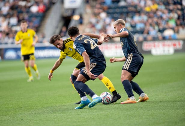 May 16, 2026, Philadelphia, Pennsylvania, United States: Philadelphia UnionÃ¢â‚¬â ¢s NATHAN HARRIEL (26) and CAVAN SULLIVAN (6) fight for the ball against Columbus CrewÃ¢â‚¬â ¢s DIEGO ROSSI (10) during the match at Subaru Park in Chester PA Soccer 2026: Union 1-1 Columbus Crew  - ZUMArf1_ 20260516_zaf_rf1_007 Copyright: xRickyxFitchettx