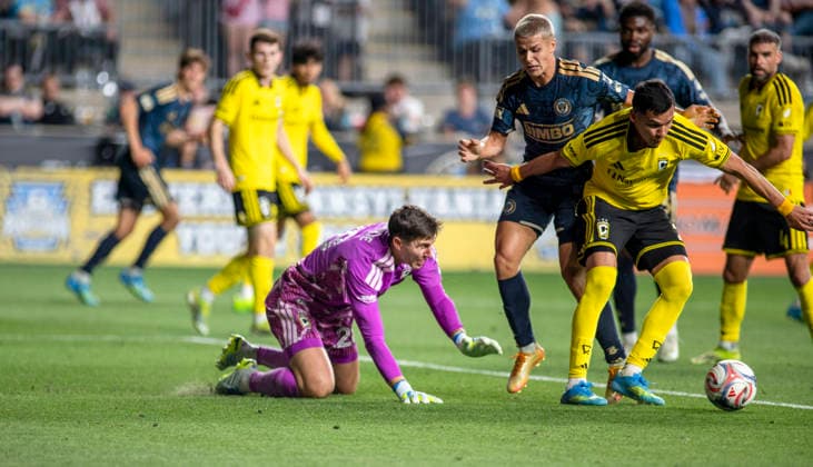 May 16, 2026, Philadelphia, Pennsylvania, United States: Columbus CrewÃ¢â‚¬â ¢s PATRICK SCHULTE (28) in action against the Philadelphia UnionÃ¢â‚¬â ¢ CAVAN SULLIVAN (6) during the match at Subaru Park in Chester PA Philadelphia United States - ZUMArf1_ 20260516_zaf_rf1_013 Copyright: xRickyxFitchettx