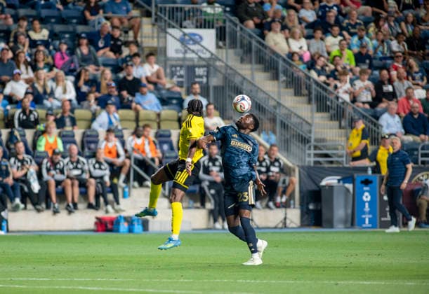 May 16, 2026, Philadelphia, Pennsylvania, United States: Philadelphia UnionÃ¢â‚¬â ¢s EZEKIEL ALLADOH (23) fights for the ball against Columbus CrewÃ¢â‚¬â ¢s SEKOU BANGOURA (17) during the match at Subaru Park in Chester PA Philadelphia United States - ZUMArf1_ 20260516_zaf_rf1_012 Copyright: xRickyxFitchettx