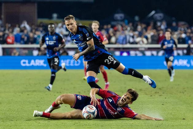 SAN JOSE, CA - MAY 16: Ran Binyamin 6 of FC Dallas falls to the ground after a foul by Benjamin Kikanovic 28 of the San Jose Earthquakes during a match on May 16, 2026 at PayPal Park in San Jose, CA. (Photo by Matthew Huang Icon Sportswire) SOCCER: MAY 16 MLS, Fussball Herren, USA San Jose Earthquakes vs FC Dallas EDITORIAL USE ONLY Icon260516025