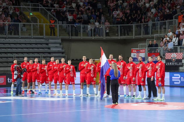 Croatia v Sweden: Internation Friendly Handball Match Players of Croatia line up for national anthem prior to the International Friendly, Länderspiel, Nationalmannschaft handball match between Croatia and Sweden at Arena Varazdin on May 16, 2026.  SanjinxStrukic PIXSELL