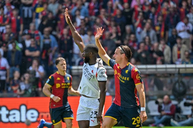 Genoa™s Lorenzo Colombo and Milan™s Tomori during the Serie A soccer match between Genoa and Milan at the Luigi Ferraris Stadium in Genoa, Italy - Sunday, May 17, 2026. - Soccer .  Copyright: xTanoxPecoraro LaPressex