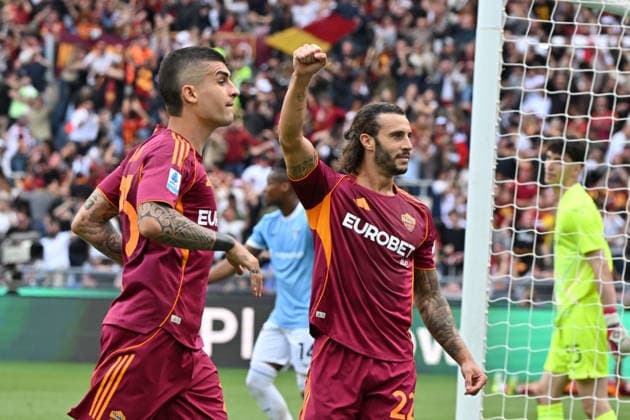 RECORD DATE NOT STATED 17th May 2026, Stadio Olimpico, Rome, Italy; Serie A Football; Roma versus Lazio; Gianluca Mancini of AS Roma celebrates after scoring goal in the 66th minute for 2-0 AllShotLive