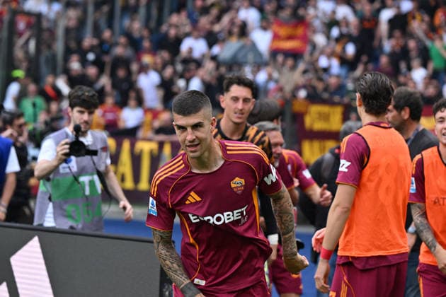 RECORD DATE NOT STATED 17th May 2026, Stadio Olimpico, Rome, Italy; Serie A Football; Roma versus Lazio; Gianluca Mancini of AS Roma celebrates after scoring goal in the 66th minute for 2-0 AllShotLive