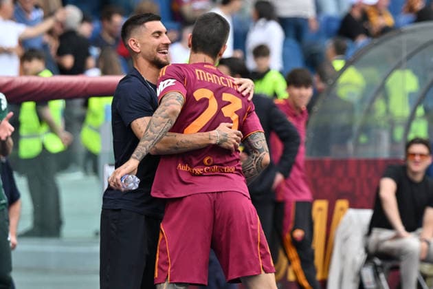 RECORD DATE NOT STATED 17th May 2026, Stadio Olimpico, Rome, Italy; Serie A Football; Roma versus Lazio; Gianluca Mancini of AS Roma celebrates with his teammate Lorenzo Pellegrini of AS Roma after scoring the 2-0 goal AllShotLive