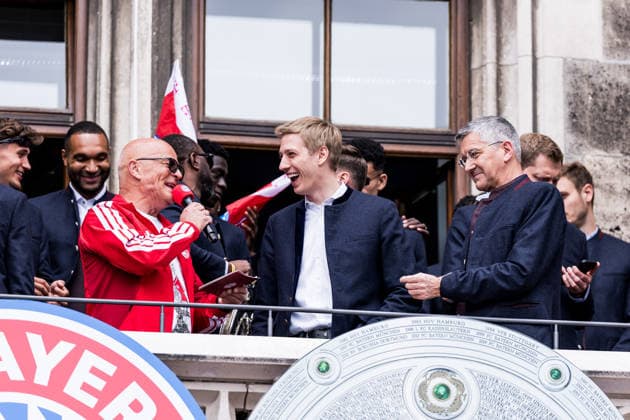 MUNICH, GERMANY - MAY 17: Dominik Krause (Major of Munich) and Herbert Hainer (President FC Bayern Muenchen) during the Meisterfeier of FC Bayern Muenchen at Marienplatz on May 17, 2026 in Munich, Germany. Bavaria Germany Copyright: xSteffiexWunderlx