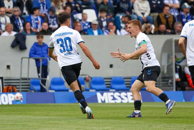 2026.05.17 xjfx 2.Bundesliga SV Darmstadt 98 - SC Paderborn v.l., Stefano Marino (SC Paderborn), Laurin Curda (SC Paderborn) Torjubel, Goal celebration, celebrate the goal (DFL DFB REGULATIONS PROHIBIT ANY USE OF PHOTOGRAPHS as IMAGE SEQUENCES and or QUASI-VIDEO) Copyright: JoaquimxFerreira