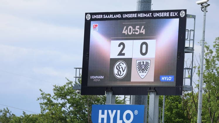 17.05.2026, xrekx, Fussball 2.Bundesliga, SV Elversberg - Preußen Münster v.l. Anzeigetafel, Videowall, Scoreboard, Info, Werbung Symbolfoto, Symbolbild, Symbol Stadion, symbolic photo, symbolic image, symbolic stadium (DFL DFB REGULATIONS PROHIBIT ANY USE OF PHOTOGRAPHS as IMAGE SEQUENCES and or QUASI-VIDEO) Elversberg