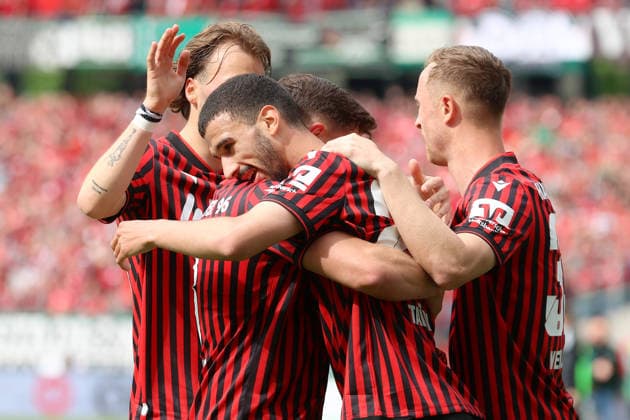 17.05.2026, xtgx, Fussball 2.Bundesliga, Hannover 96 - 1.FC Nürnberg v.l. Torjubel nach dem Tor zum celebrating the goal celebrate 2:1 durch Waniss Taibi (Hannover 96) (DFL DFB REGULATIONS PROHIBIT ANY USE OF PHOTOGRAPHS as IMAGE SEQUENCES and or QUASI-VIDEO) Hannover