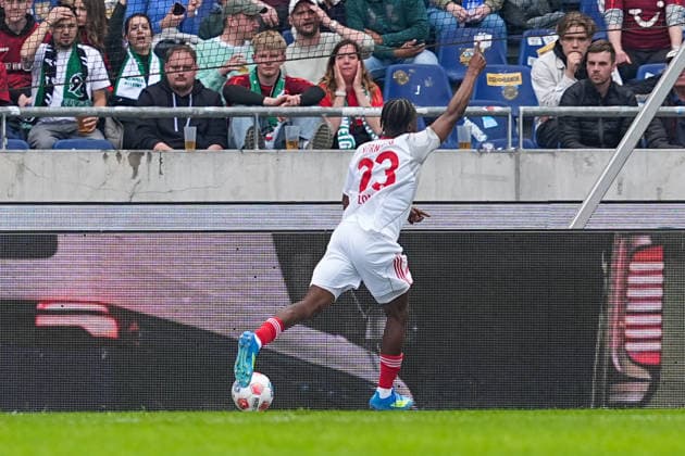 17.05.2026, xydrx, Herren, Fußball, 2.Bundesliga, Hannover 96 - 1.FC Nürnberg, Saison 2025 2026, Heinz von Heiden Arena: Torjubel nach dem Tor zum 2:2 für den 1.FC Nürnberg durch Torschütze Mohamed Ali Zoma (1.FC Nürnberg, 23) DFB regulations prohibit any use of photographs as image sequences and or quasi-video. Copyright: HMBxMedia YannisxDreimann
