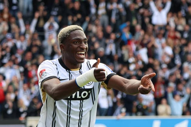 17.05.2026, Fussball, Herren, 2. Bundesliga, Saison 2025 2026, SV 07 Elversberg SC Preußen Münster, Torjubel zum 3:0, Torschütze: David Mokwa (SV 07 Elversberg) Elversberg Ursapharm-Arena an der Kaiserlinde Saarland Deutschland (DEU) Copyright: xSebastianxBachx