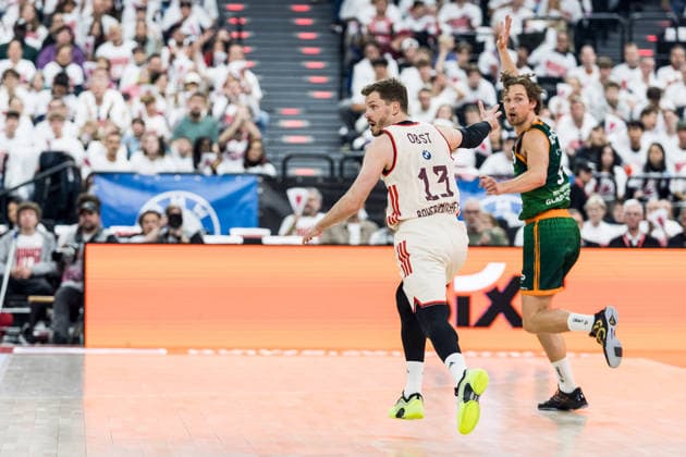 MUNICH, GERMANY - MAY 17: Andreas Andi Obst (FC Bayern Muenchen, 13) cheers after a succesful three pointer during the easyCredit Basketball Bundesliga Playoffs Quarterfinal Game 1 between FC Bayern Muenchen vs. Vet-Concept Gladiators Trier at SAP Garden on match 1 of the Playoffs Quarterfinals Best of Five of easyCredit Basketball Bundesliga on May 17, 2026 in Munich, Germany. Bavaria Germany Copyright: xSteffiexWunderlx