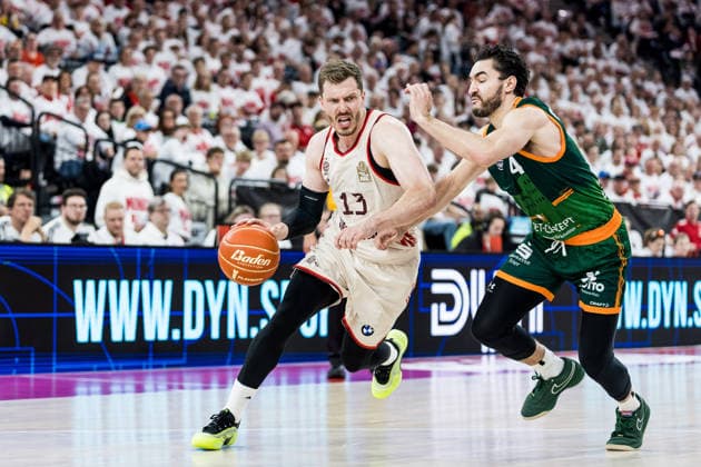MUNICH, GERMANY - MAY 17: Andreas Andi Obst (FC Bayern Muenchen, 13) controls the ball against Clay Guillozet (Vet-Concept Gladiators Trier, 4) during the easyCredit Basketball Bundesliga Playoffs Quarterfinal Game 1 between FC Bayern Muenchen vs. Vet-Concept Gladiators Trier at SAP Garden on match 1 of the Playoffs Quarterfinals Best of Five of easyCredit Basketball Bundesliga on May 17, 2026 in Munich, Germany. Bavaria Germany Copyright: xSteffiexWunderlx