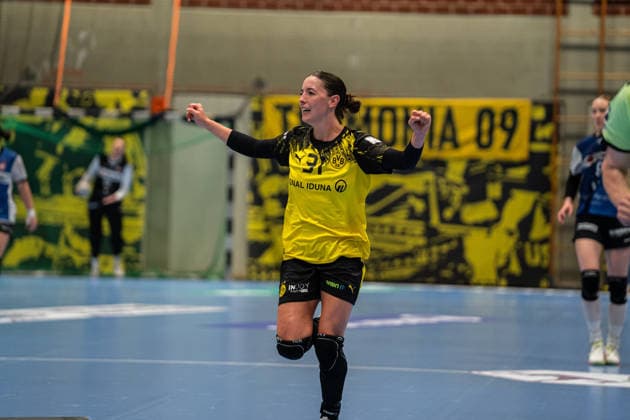 HSG Blomberg-Lippe (GER) vs. Borussia Dortmund (GER) Handball, 1. Handball Bundesliga Frauen, Finale, Spiel 1, 17.5.2026, Saision 2025 2026, Dortmund Kelly Vollebregt (Borussia Dortmund, 31) jubelt nach einem Tor Dortmund Sporthalle Wellinghofen Deutschland