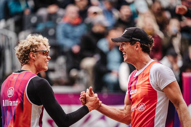 Beachvolleyball Männer Allianz German Beach Tour 2026 Tourstop Düsseldorf 17.05.2026 v.l. Tamo Wüst und Tristan Fröbel Düsseldorf Robert-Lehr-Ufer Nordrhein-Westfalen Deutschland