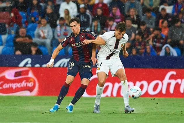 Carlos Espi (Levante UD) and David Lopez (RCD Mallorca) during the LaLiga EA Sports match between Levante UD and RCD Mallorca at Ciudad de Valencia on May 17, 2026 in Valencia, Spain. (Photo by Maria Jose Segovia DeFodi Images) -