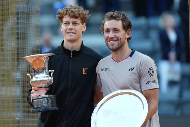 Jannik Sinner of Italy and Casper Ruud of Norway pose for a picture during the victory ceremony of the Internazionali BNL d Italia 2026 tennis tournament at Foro Italico in Rome (Italy) on May, 17, 2026. AntoniettaxBaldassarre