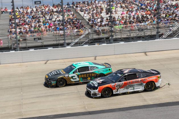 DOVER, DE - MAY 17: Austin Dillon ( 3 Richard Childress Racing BREZTRI Chevrolet) races side by side with Daniel Suarez ( 7 Spire Motorsports Cal Ripken Sr. Foundation Chevrolet) into turn 1 during the NASCAR, Motorsport, USA Cup Series All-Star Race on May 17, 2026, at Dover Motor Speedway in Dover, DE. (Photo by David Hahn Icon Sportswire) AUTO: MAY 17 NASCAR Cup Series All-Star Race EDITORIAL USE ONLY Icon260517034