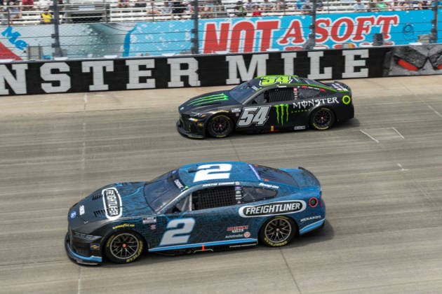 DOVER, DE - MAY 17: Austin Cindric ( 2 Team Penske Freightliner Ford) races side by side with Ty Gibbs ( 54 Joe Gibbs Racing Monster Energy Toyota) through turn 1 during the NASCAR, Motorsport, USA Cup Series All-Star Race on May 17, 2026, at Dover Motor Speedway in Dover, DE. (Photo by David Hahn Icon Sportswire) AUTO: MAY 17 NASCAR Cup Series All-Star Race EDITORIAL USE ONLY Icon260517040
