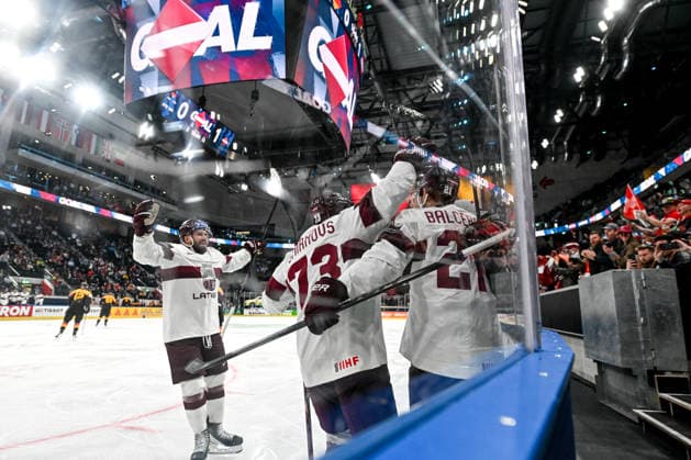 ZURICH, SWITZERLAND - MAY 17: Rudolfs Balcers of Latvia R) celebrates his goal during the 2026 IIHF Ice hockey, Eishockey World Championship, WM, Weltmeisterschaft Switzerland game between Germany and Latvia at Swiss Life Arena on May 17, 2026 in Zurich, Zurich. Zurich Swiss Life Arena Zurich Switzerland Copyright: xJustPictures.ch AndreaxBrancax jp-en-EuSpIm-JP7_ANB_Ger_Lat_17052026_4456