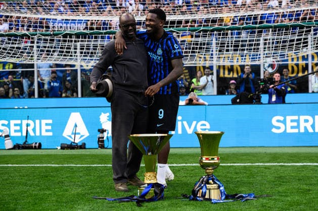 FC Internazionale v Hellas Verona FC - Serie A Marcus Thuram of FC Internazionale and Lilian Thuram pose with the trophies during the award ceremony following the Serie A football match between FC Internazionale and Hellas Verona FC. Milan Italy Copyright: xNicolòxCampox