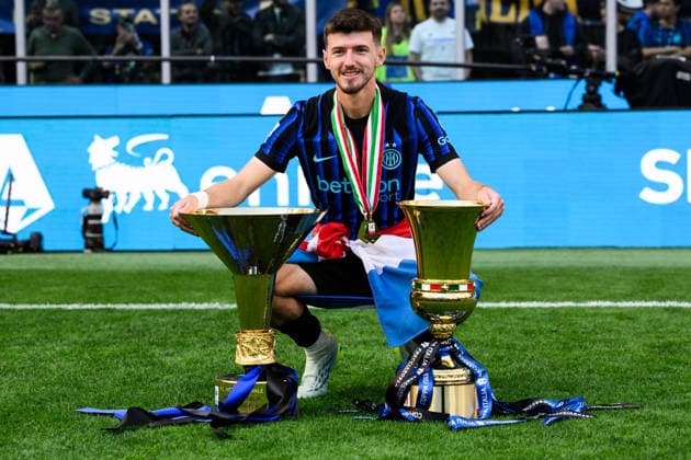 FC Internazionale v Hellas Verona FC - Serie A Petar Sucic of FC Internazionale poses with the trophies during the award ceremony following the Serie A football match between FC Internazionale and Hellas Verona FC. Milan Italy Copyright: xNicolòxCampox