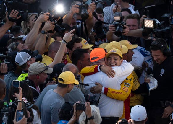 May 17, 2026, Speedway, Indiana, USA: Alex Palou (Spain), driver of the 10 Chip Ganassi Honda, hugs team owner Chip Ganassi, and celebrates after capturing the pole position for the Indy 500 with a four lap average speed of 232.248 mph at the Indianapolis Motor Speedway. IndyCar, Indy Car, IRL, USA - Indy 500 Qualifying.  - ZUMAd212 20260517_zsp_d212_012 Copyright: xRichardxDolex