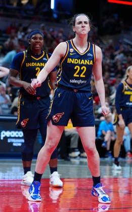 INDIANAPOLIS, IN - MAY 17: Indiana Fever guard Caitlin Clark (22) reacts during a game against the Seattle Storm on May 17, 2026, at Gainbridge Fieldhouse in Indianapolis, Indiana. (Photo by Brian Spurlock Icon Sportswire) WNBA, Basketball Damen, USA MAY 17 Seattle Storm at Indiana Fever EDITORIAL USE ONLY Icon26051733