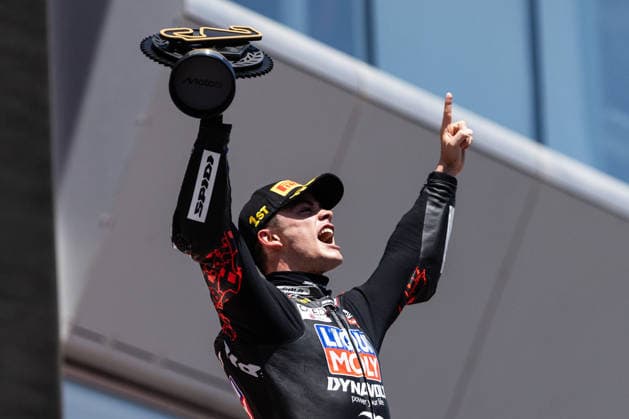 May 17, 2026, Barcelona, Barcelona, Spain: MONTMELO, SPAIN - MAY 17: Manuel Gonzalez 18 of LIQUI MOLY Dynavolt Intact GP celebrates on the podium following the Moto2 race during the Grand Prix of Catalunya at Circuit de Barcelona-Catalunya on May 17, 2026 in Montmelo, Spain. Barcelona Spain - ZUMAs316 20260517_znp_s316_079 Copyright: xMartixSeguraxRamonedax