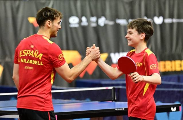 RECORD DATE NOT STATED 12 year old Ladimir Mayorov with Albert Virardell from Spain goes to the semi final from Spain at WTT Feeder Lagos in Portugal. 12 year old Ladimir Mayorov with Albert Virardell from Spain reach surprisingly the semi final in Mens Double the WTT Feeder in Lagos, Portugal, on May 18, 2026. Lagos, Portugal Hessen Portugal