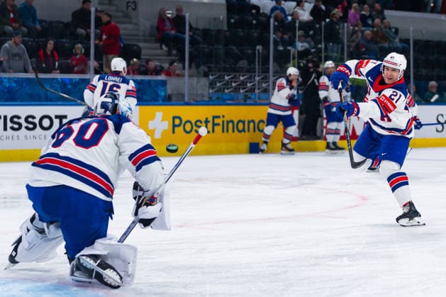 ZURICH, SWITZERLAND - MAY 18: Alex Steeves (United States, 21) and Joseph Woll (United States, 60) during warmup before the Preliminary Round - Group A Match 17 between Finland and United States at the IIHF Ice hockey, Eishockey World Championship, WM, Weltmeisterschaft 2026, Swiss Life Arena on May 18, 2026 in Zurich, Switzerland. Zurich Switzerland Copyright: xTimoxSteinx