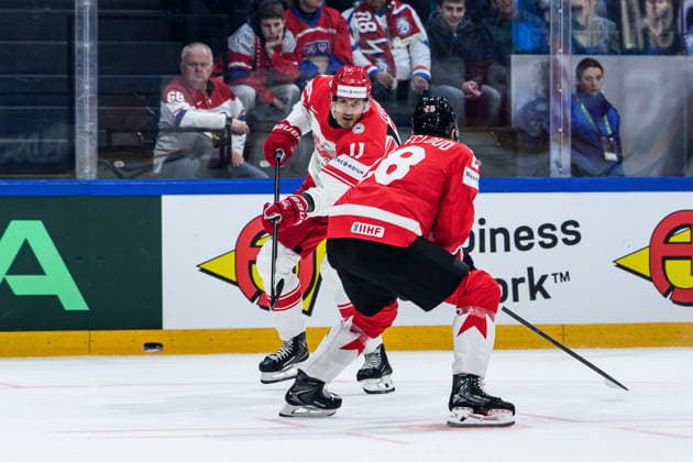 260518 Alexander True of Denmark during the 2026 IIHF Ice hockey, Eishockey World Championship, WM, Weltmeisterschaft match between Canada and Denmark on May 18, 2026 in Fribourg. Photo: Jesper Zerman BILDBYRAN kod JZ JZ0718 ishockey ice hockey ishockey-vm 2026 vm 2026 iihf world championship kanada canada danmark denmark canada kanada bbeng danmark denmark Copyright: JESPERxZERMAN BB260518JZ078
