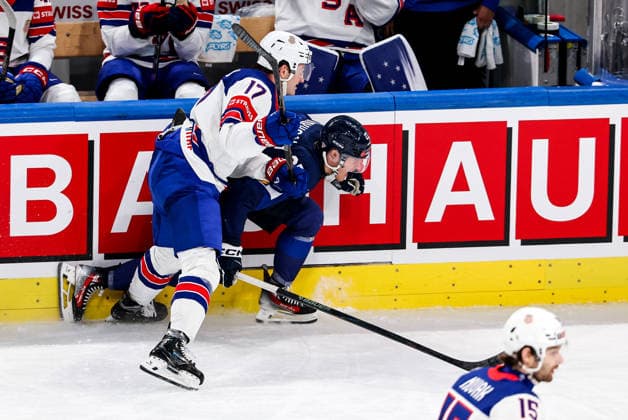 Ice hockey, Eishockey - IIHF WC 2026 ZURICH,SWITZERLAND,18.MAY.26 - ICE HOCKEY - IIHF Ice Hockey World Championship, WM, Weltmeisterschaft 2026, group stage, Finland vs USA. Image shows Will Borgen (USA) and Janne Kuokkanen (FIN).  GEPAxpictures xMaticxKlansek