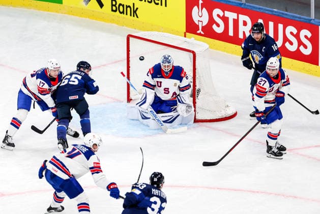 Ice hockey, Eishockey - IIHF WC 2026 ZURICH,SWITZERLAND,18.MAY.26 - ICE HOCKEY - IIHF Ice Hockey World Championship, WM, Weltmeisterschaft 2026, group stage, Finland vs USA. Image shows Will Borgen (USA), Sakari Manninen (FIN) and Joseph Woll (USA).  GEPAxpictures xMaticxKlansek