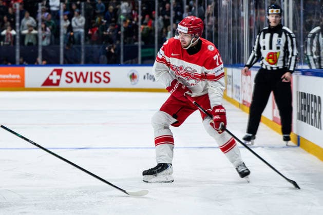 260518 Phillip Schultz of Denmark during the 2026 IIHF Ice hockey, Eishockey World Championship, WM, Weltmeisterschaft match between Canada and Denmark on May 18, 2026 in Fribourg. Photo: Jesper Zerman BILDBYRAN kod JZ JZ0718 ishockey ice hockey ishockey-vm 2026 vm 2026 iihf world championship kanada canada danmark denmark canada kanada bbeng danmark denmark Copyright: JESPERxZERMAN BB260518JZ094