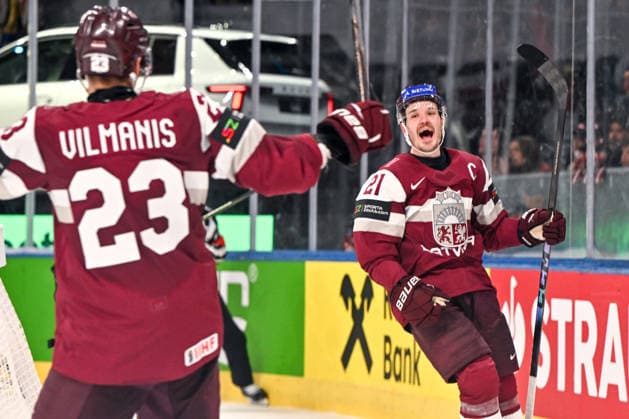ZURICH, SWITZERLAND - MAY 19: Rudolfs Balcers of Latvia R) celebrates his goal with Sandis Vilmanis of Latvia L) during the 2026 IIHF Ice hockey, Eishockey World Championship, WM, Weltmeisterschaft Switzerland game between Latvia and Austria at Swiss Life Arena on May 19, 2026 in Zurich, Zurich. Zurich Swiss Life Arena Zurich Switzerland Copyright: xJustPictures.ch AndreaxBrancax jp-en-EuSpIm-JP7_ANB_Lat_Aut_19052026_4092