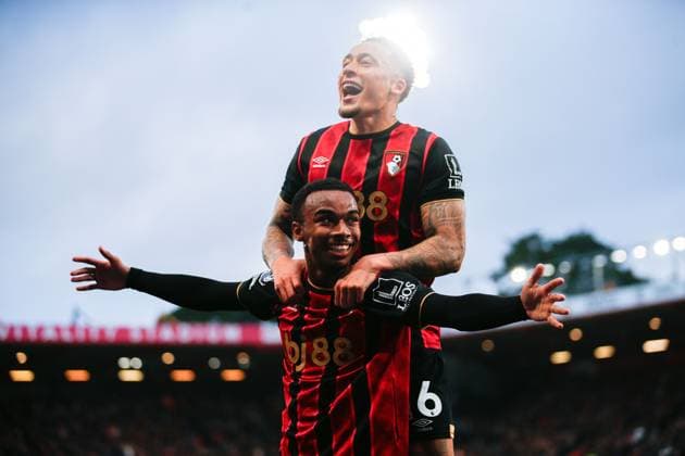 Eli Junior Kroupi celebrates scoring the opening goal for Bournemouth with Tyler Adams AFC Bournmeouth v Manchester City, Football, Premier League, Vitality Stadium, Bournemouth, Dorset, UK - 19 05 2026 EDITORIAL USE ONLY No use with unauthorised audio, video, data, fixture lists, club league logos or live services. Online in-match use limited to 120 images, no video emulation. No use in betting, games or single club league player publications.  Copyright: xMattxImpey Shutterstockx 16884011v