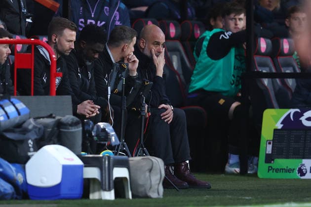 Bournemouth, England, 19th May 2026. Pep Guardiola, Manager of Manchester City looks dejected during the AFC Bournemouth vs Manchester City Premier League match at the Vitality Stadium, Bournemouth. Picture credit should read: Paul Terry Sportimage EDITORIAL USE ONLY. No use with unauthorised audio, video, data, fixture lists, club league logos or live services. Online in-match use limited to 120 images, no video emulation. No use in betting, games or single club league player publications. SPI_030_PT_Bournemouth_Man_City SPI-4809-0030
